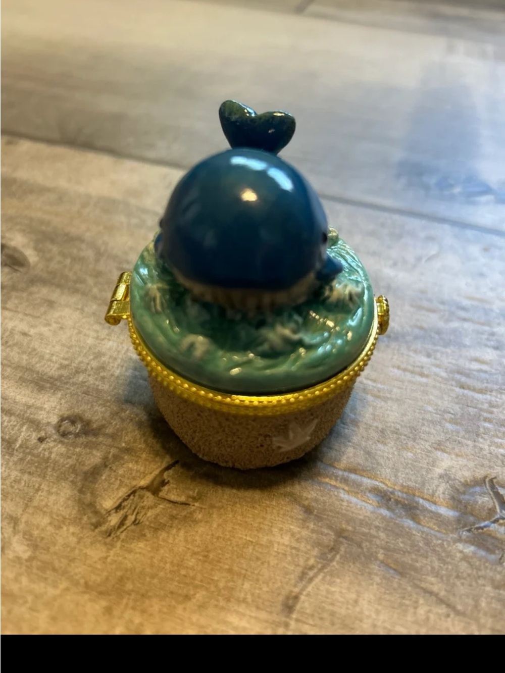 Trinket box featuring blue whale breaching waves hinged lid 3 in
